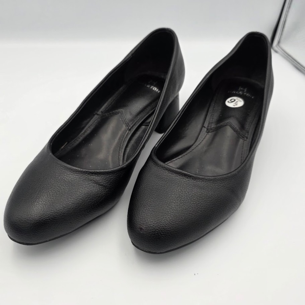 Halston Black Faux Leather Block Heel Pumps Women's Size 9.5 Comfort Classic